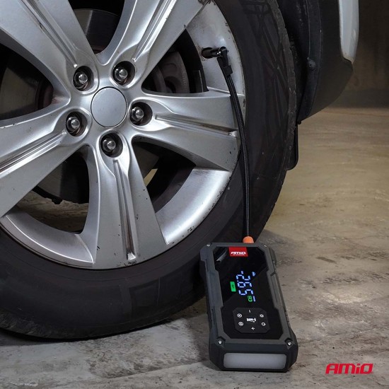 Amio - Φορητός Εκκινητής Μπαταρίας (Jump Starter) με ενσωματωμένο Κομπρεσέρ Αέρα, Powerbank και Φακό LED τάση λειτουργίας 12V με χωρητικότητα 7,2Ah και μέγιστο ρεύμα εκκίνησης 600A για Επιβατικά Αυτοκίνητα - 1 τεμ. (04674/AM)