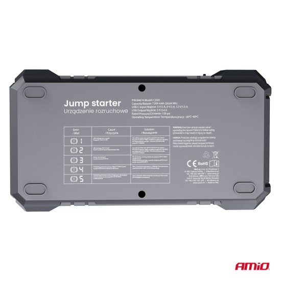 Amio - Φορητός Εκκινητής Μπαταρίας (Jump Starter) με ενσωματωμένο Κομπρεσέρ Αέρα, Powerbank και Φακό LED τάση λειτουργίας 12V με χωρητικότητα 7,2Ah και μέγιστο ρεύμα εκκίνησης 600A για Επιβατικά Αυτοκίνητα - 1 τεμ. (04674/AM)