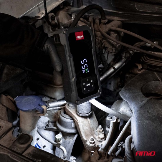 Amio - Φορητός Εκκινητής Μπαταρίας (Jump Starter) με ενσωματωμένο Κομπρεσέρ Αέρα, Powerbank και Φακό LED τάση λειτουργίας 12V με χωρητικότητα 7,2Ah και μέγιστο ρεύμα εκκίνησης 600A για Επιβατικά Αυτοκίνητα - 1 τεμ. (04674/AM)