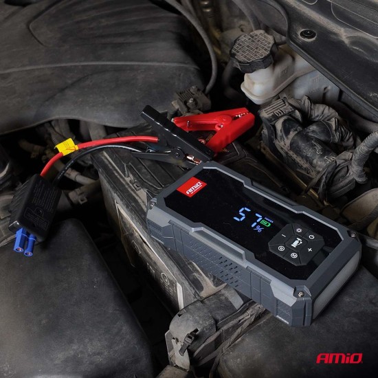 Amio - Φορητός Εκκινητής Μπαταρίας (Jump Starter) με ενσωματωμένο Κομπρεσέρ Αέρα, Powerbank και Φακό LED τάση λειτουργίας 12V με χωρητικότητα 7,2Ah και μέγιστο ρεύμα εκκίνησης 600A για Επιβατικά Αυτοκίνητα - 1 τεμ. (04674/AM)