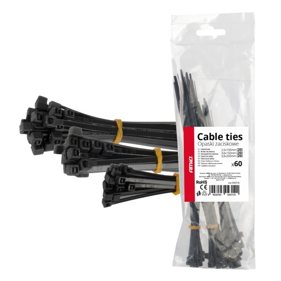 ΔΕΜΑΤΙΚΑ/ΔΕΤΙΚΑ ΚΑΛΩΔΙΩΝ TIE WRAP(ΤΑΙΡΑΠ) 2.5x100mm / 3.6x150mm / 3.6x200mm ΜΑΥΡΟ ΧΡΩΜΑ ΣΕΤ ΑΜΙΟ - 60 ΤΕΜ. Δετικά Ταινίες