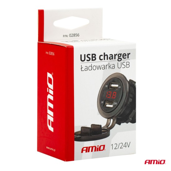 ΠΡΙΖΑ ΦΟΡΤΙΣΗΣ ΜΕ 2 ΘΥΡΕΣ USB ΨΗΦΙΑΚΟ ΒΟΛΤΟΜΕΤΡΟ ΜΕ ΚΑΠΑΚΙ ΜΑΥΡΗ 12/24V 5V 3.1A MOD-6 AMIO -1 ΤΕΜ. Φορτιστές 12 και 24V