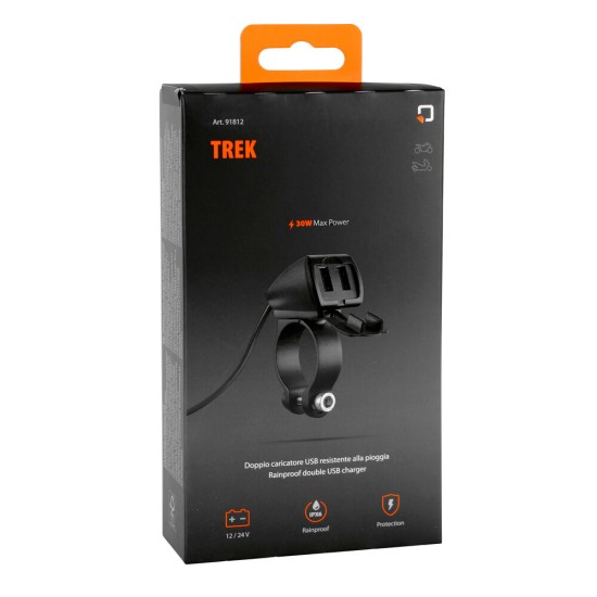 Αδιάβροχος Φορτιστής Κινητού Trek 12/24V 30W 5400mA της σειράς Optiline με 2 θύρες USB Type A, Καλώδιο 150 cm, Ακροδέκτες, Ασφάλεια Smart Chip, Αδιαβροχοποίηση IP66, συμβατό με Βάσεις Στήριξης, Θήκες ή Αντάπτορες Κινητού Optiline 