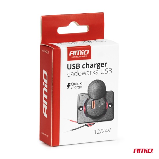 ΠΡΙΖΑ ΜΕ 2 ΘΥΡΕΣ-USB+USB-C ΚΑΙ ΚΑΠΑΚΙ 12/24V QUICK CHARGE 3.0 ΑΔΙΑΒΡΟΧΗ ΤΕΤΡΑΓΩΝΟ ΣΧΗΜΑ ΜΑΥΡΗ AMIO - 1 Τεμ. 