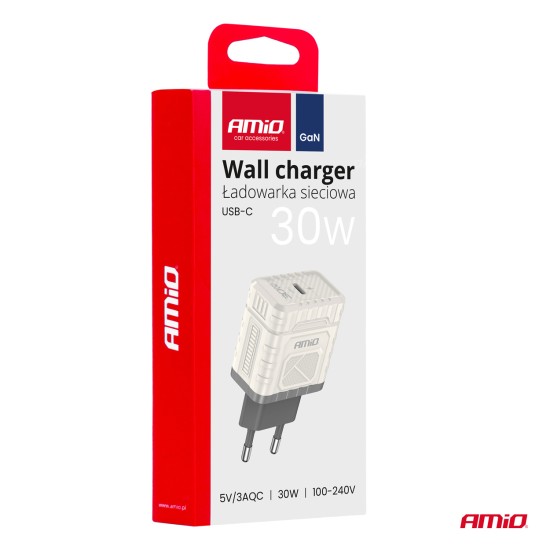 ΦΟΡΤΙΣΤΗΣ ΜΕ ΟΙΚΙΑΚΗ ΠΡΙΖΑ ΜΕ 1 ΘΥΡΑ USB-C 30W 100-240V ΛΕΥΚΟ AMIO - 1 Τεμ. 