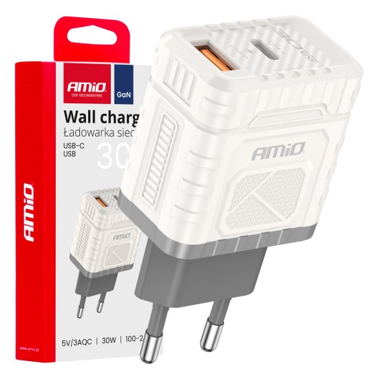 ΦΟΡΤΙΣΤΗΣ ΜΕ ΟΙΚΙΑΚΗ ΠΡΙΖΑ ΜΕ 2 ΘΥΡΕΣ USB-A+USB-C 30W 100-240V ΛΕΥΚΟ AMIO - 1 Τεμ. 