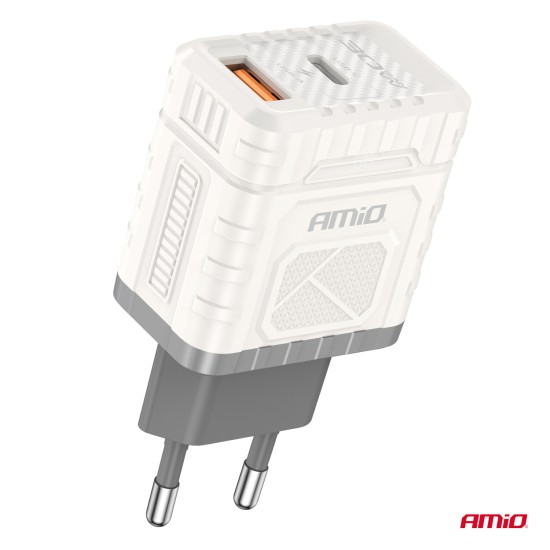 ΦΟΡΤΙΣΤΗΣ ΜΕ ΟΙΚΙΑΚΗ ΠΡΙΖΑ ΜΕ 2 ΘΥΡΕΣ USB-A+USB-C 30W 100-240V ΛΕΥΚΟ AMIO - 1 Τεμ. 