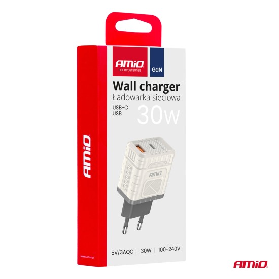 ΦΟΡΤΙΣΤΗΣ ΜΕ ΟΙΚΙΑΚΗ ΠΡΙΖΑ ΜΕ 2 ΘΥΡΕΣ USB-A+USB-C 30W 100-240V ΛΕΥΚΟ AMIO - 1 Τεμ. 