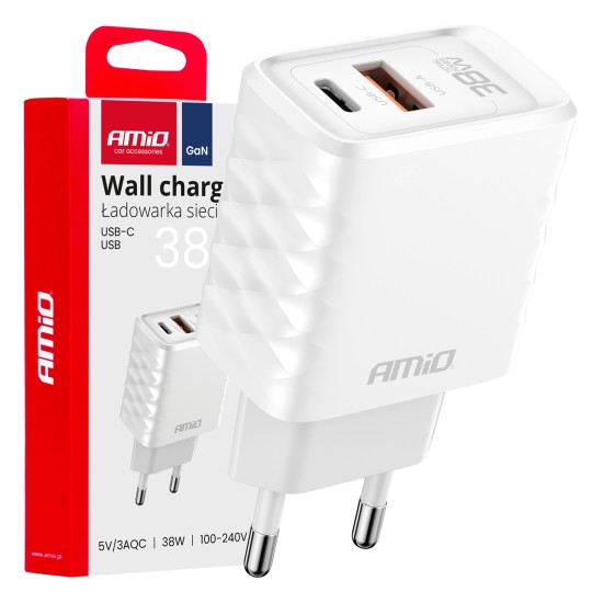 ΦΟΡΤΙΣΤΗΣ ΜΕ ΟΙΚΙΑΚΗ ΠΡΙΖΑ ΜΕ 2 ΘΥΡΕΣ USB-A+USB-C 38W 100-240V ΛΕΥΚΟ AMIO - 1 Τεμ. 