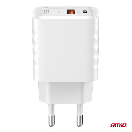 ΦΟΡΤΙΣΤΗΣ ΜΕ ΟΙΚΙΑΚΗ ΠΡΙΖΑ ΜΕ 2 ΘΥΡΕΣ USB-A+USB-C 38W 100-240V ΛΕΥΚΟ AMIO - 1 Τεμ. 