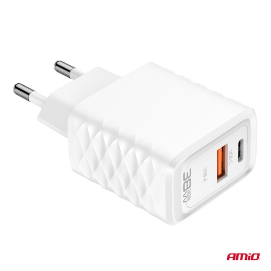 ΦΟΡΤΙΣΤΗΣ ΜΕ ΟΙΚΙΑΚΗ ΠΡΙΖΑ ΜΕ 2 ΘΥΡΕΣ USB-A+USB-C 38W 100-240V ΛΕΥΚΟ AMIO - 1 Τεμ. 