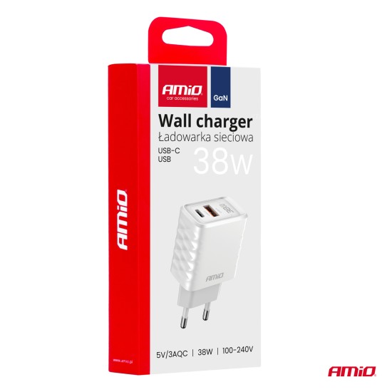 ΦΟΡΤΙΣΤΗΣ ΜΕ ΟΙΚΙΑΚΗ ΠΡΙΖΑ ΜΕ 2 ΘΥΡΕΣ USB-A+USB-C 38W 100-240V ΛΕΥΚΟ AMIO - 1 Τεμ. 