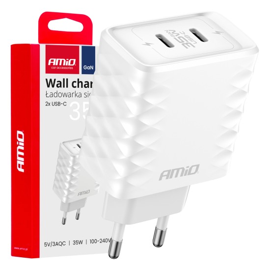 ΦΟΡΤΙΣΤΗΣ ΜΕ ΟΙΚΙΑΚΗ ΠΡΙΖΑ ΜΕ 2 ΘΥΡΕΣ 2xUSB-C 35W 100-240V ΛΕΥΚΟ AMIO - 1 Τεμ. 