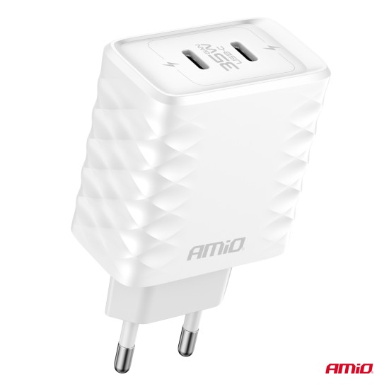 ΦΟΡΤΙΣΤΗΣ ΜΕ ΟΙΚΙΑΚΗ ΠΡΙΖΑ ΜΕ 2 ΘΥΡΕΣ 2xUSB-C 35W 100-240V ΛΕΥΚΟ AMIO - 1 Τεμ. 