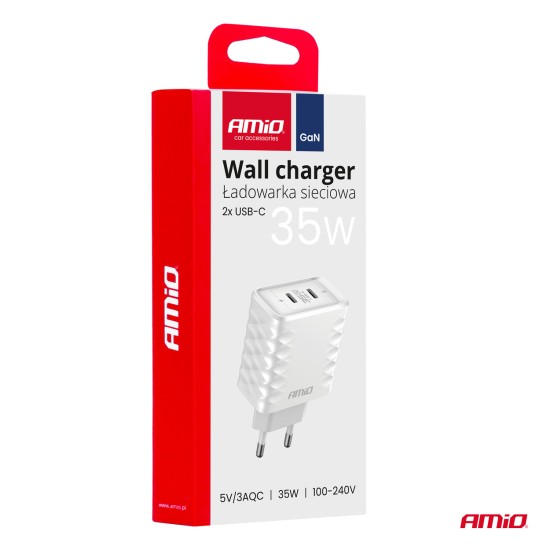 ΦΟΡΤΙΣΤΗΣ ΜΕ ΟΙΚΙΑΚΗ ΠΡΙΖΑ ΜΕ 2 ΘΥΡΕΣ 2xUSB-C 35W 100-240V ΛΕΥΚΟ AMIO - 1 Τεμ. 