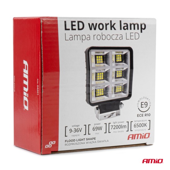 ΠΡΟΒΟΛΕΑΣ ΕΡΓΑΣΙΑΣ ΤΕΤΡΑΓΩΝΟΣ LED 69W 9-36V 7.200lm 6.500K AWL60 AMIO - 1 ΤΕΜ. Φώτα Εργασίας LED