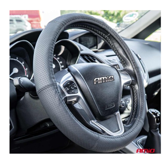 ΚΑΛΥΜΜΑ ΤΙΜΟΝΙΟΥ ΑΠΟ ΤΕΧΝΟΔΕΡΜΑ (L) 39-41cm SWC-50-L ΣΕ ΜΑΥΡΟ ΧΡΩΜΑ ΤΡΥΠΗΤΟ ΜΕ ΜΑΥΡΕΣ ΡΑΦΕΣ AMIO - 1 ΤΕΜ. Καλύμματα Τιμονιού
