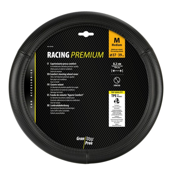 ΚΑΛΥΜΜΑ ΤΙΜΟΝΙΟΥ RACING PREMIUM BLACK (Μ) 37/39cm ΣΥΝΘΕΤΙΚΟ ΔΕΡΜΑ SKEENTEX ΜΑΥΡΟ/CARBON LOOK LAMPA  - 1 ΤΕΜ. Καλύμματα Τιμονιού