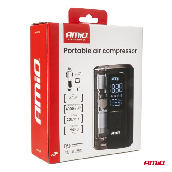 ΚΟΜΠΡΕΣΕΡ ΑΕΡΑ ΕΠΑΝΑΦΟΡΤΙΖΟΜΕΝΟ 12V & USB-C 10BAR 150PSI 20L/MIN 40W AMIO 1ΤΕΜ. 