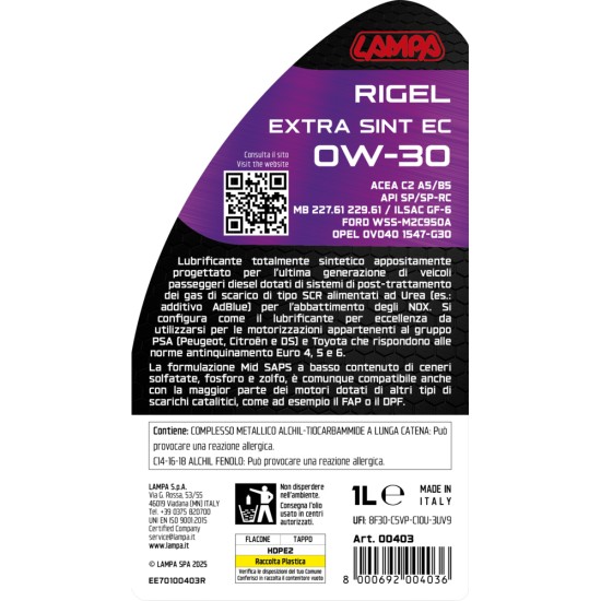 ΛΑΔΙ ΚΙΝΗΤΗΡΑ 0W30 ΓΙΑ DIESEL (PEUGEOT/CITROEN/DS/TOYOTA) ΣΥΝΘΕΤΙΚΟ EURO 4/5/6 1LT LAMPA - 1τεμ. Λάδια Βαλβολίνες ΛΑΔΙ ΚΙΝΗΤΗΡΑ 0W30 ΓΙΑ DIESEL (PEUGEOT/CITROEN/DS/TOYOTA) ΣΥΝΘΕΤΙΚΟ EURO 4/5/6 1LT LAMPA - 1τεμ. Λάδια Βαλβολίνες