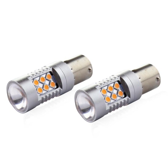 PY21W 12/24V 6.000k 0.54A - 6.48W 800lm LED 24xSMD3030 CAN-BUS ΠΟΡΤΟΚΑΛΙ 18x56mm  AMIO -2 ΤΕΜ. Με Κάλυκα
