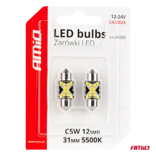 ΛΑΜΠΑΚΙΑ ΠΛΑΦΟΝΙΕΡΑΣ 31mm 12/24V C5W 5500K 12xSMD 2016 CAN-BUS FESTOON (ΛΕΥΚΟ) ΑΜΙΟ - 2 ΤΕΜ. Πλαφονιέρες