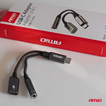 ΚΑΛΩΔΙΟ ΦΟΡΤΙΣΗΣ USB ΑΠΟ USB-C ΣΕ USB-C & ΑΝΤΑΠΤΟΡΑΣ ΑΚΟΥΣΤΙΚΩΝ MINI JACK 3.5mm ΘΗΛΥΚΟ 10cm AMIO - 1 Τεμ.