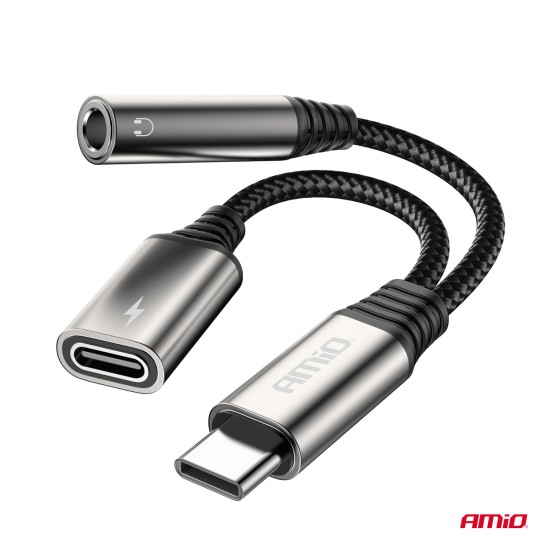 ΚΑΛΩΔΙΟ ΦΟΡΤΙΣΗΣ USB ΑΠΟ USB-C ΣΕ USB-C & ΑΝΤΑΠΤΟΡΑΣ ΑΚΟΥΣΤΙΚΩΝ MINI JACK 3.5mm ΘΗΛΥΚΟ 10cm AMIO - 1 Τεμ. 