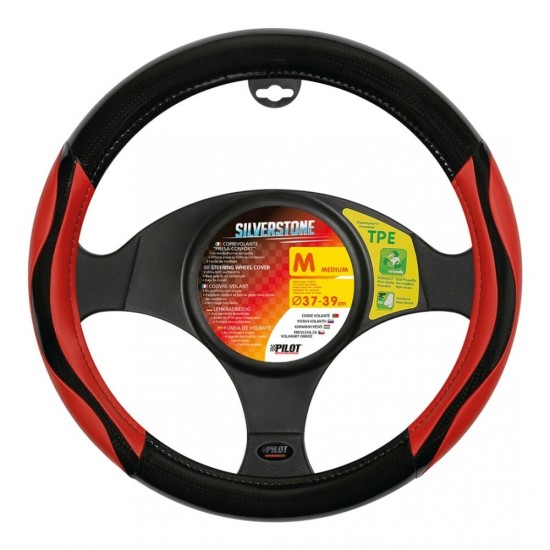 ΚΑΛΥΜΜΑ ΤΙΜΟΝΙΟΥ SILVERSTONE (M) 37/39 cm CARBON /ΜΑΥΡO-ΚΟΚΚΙΝΟ ΔΕΡΜΑΤΙΝΗ ΑΟΣΜΟ ECO-FRIENDLY Καλύμματα Τιμονιού