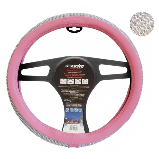 ΚΑΛΥΜΜΑ ΤΙΜΟΝΙΟΥ PINK AND DIAMONDS ΡΟΖ ΜΕ ΣΤΡΑΣ ΟΙΚΟΛΟΓΙΚΟ ΔΕΡΜΑ 37-39cm Καλύμματα Τιμονιού