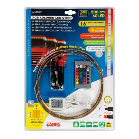 ΤΑΙΝΙΑ 60LED 12/24V RGB MULTICOLOR 200cm ΜΕ ΦΙΣ ΑΝΑΠΤΗΡΑ ΚΑΙ ΤΗΛΕΧΕΙΡΙΣΜΟ 16 ΧΡΩΜΑΤΩΝ  ΚΑΙ 3 ΧΡΗΣΕΩΝ Φωτισμός LED