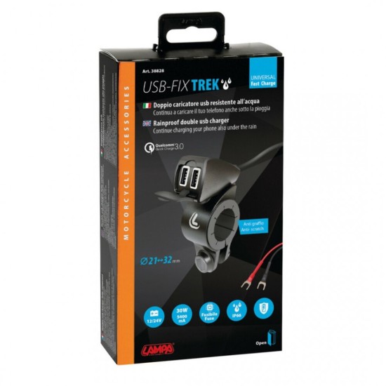 ΦΟΡΤΙΣΤΗΣ USB ΔΙΠΛΟΣ TREK 12/24V 5400mA ΜΕ ΒΑΣΗ ΣΤΗΡΙΞΗΣ ΤΙΜΟΝΙΟΥ 21-32mm ΚΑΙ ΚΑΛΩΔΙΟ 150cm ΑΔΙΑΒΡΟΧΟΣ Φορτιστές 12 και 24V
