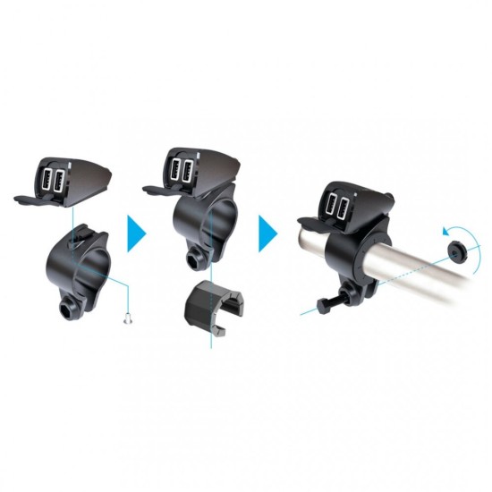 ΦΟΡΤΙΣΤΗΣ USB ΔΙΠΛΟΣ TREK 12/24V 5400mA ΜΕ ΒΑΣΗ ΣΤΗΡΙΞΗΣ ΤΙΜΟΝΙΟΥ 21-32mm ΚΑΙ ΚΑΛΩΔΙΟ 150cm ΑΔΙΑΒΡΟΧΟΣ Φορτιστές 12 και 24V