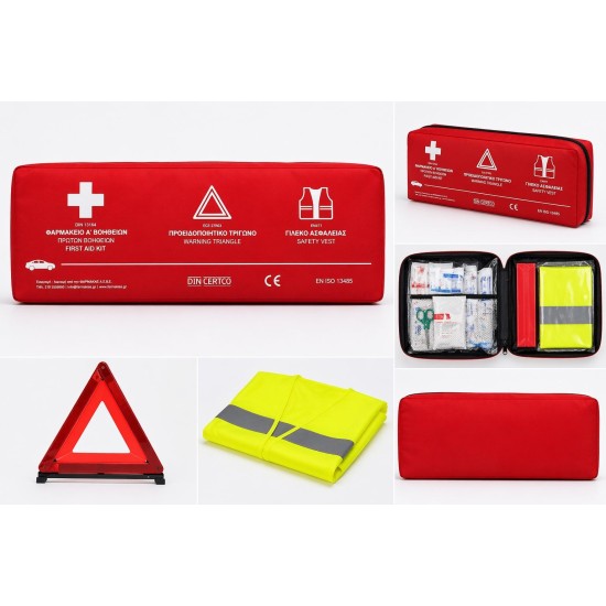 Σετ ΚΤΕΟ Ασφαλείας Αυτοκινήτου 3 σε 1 DIN 13164 με Φαρμακείο, Τρίγωνο & Γιλέκο Φαρμακεία Τρίγωνα Διάσωση